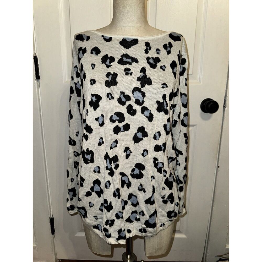 Chicos Animal-Print Bateau Neck Sweater Womens 3 US XL Textured White Black